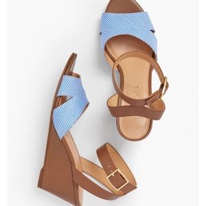 Talbots Vivian Leather Wedge Sandals - Blue Seersucker 7M